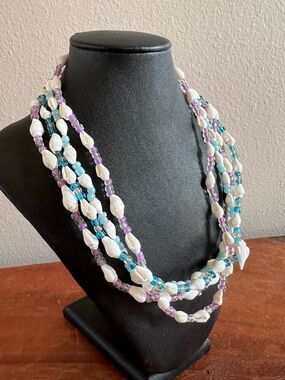 Set of 4 Shell and Bead Necklaces Short Purple and Blue Beads